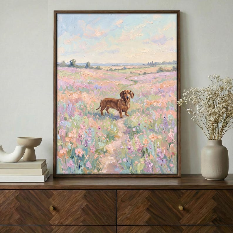May include: A framed oil painting depicts a brown dachshund standing in a field of colorful wildflowers. The artwork features a path leading through the flowers, with a soft, pastel color palette and a serene landscape in the background.