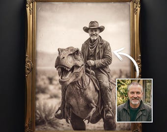 Custom Cowboy Riding Dinosaur Wall Art, Personalized Western Portrait, Funny Vintage Retro Decor, Cowboy Gift Print, Digital File