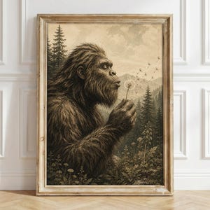 Puede incluir: Una lámina artística enmarcada en tonos sepia que representa a una criatura grande, peluda y similar a un simio de perfil, soplando un diente de león. El fondo muestra un denso bosque de pinos, montañas y un cielo nublado, estilo grabado.