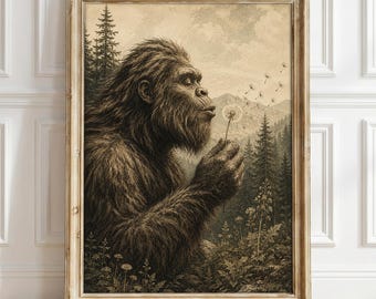 Bigfoot Dandelion Nature Wall Art Print, Vintage Sasquatch Woodland Decor poster, Cryptid Hiking canvas, Nature Lover Gift for Hiker