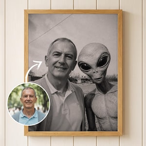 May include: A framed black and white photograph featuring a middle-aged person with short hair standing next to a tall, slender extraterrestrial figure with large dark eyes. A smaller circular inset shows the same person in a color portrait.
