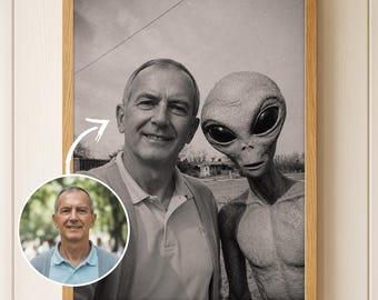Custom Alien Selfie Portrait from Photo Vintage Photo with Grey Alien Retro UFO Artwork Personalized Sci-Fi Gift Wall Art (Digital Download)
