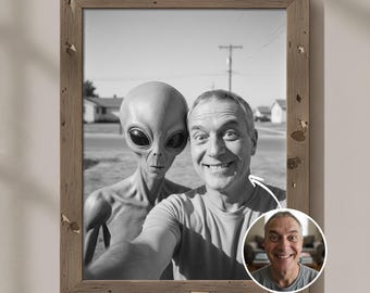 Custom Alien Selfie Portrait from Photo Vintage Photo with Grey Alien Retro UFO Artwork Personalized Sci-Fi Gift Wall Art (Digital Download)
