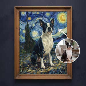 May include: A framed print featuring a Boston Terrier dog in the style of Van Gogh's "Starry Night." The dog is black and white, set against a swirling blue and yellow night sky. The frame is a warm brown.
