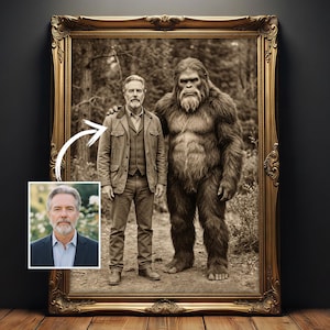 May include: Sepia-toned framed artwork featuring a man and a Bigfoot-like creature standing side-by-side in a forest setting. The man wears a jacket, vest, and jeans. The Bigfoot is covered in brown fur. A smaller portrait of the man is in the lower left corner.