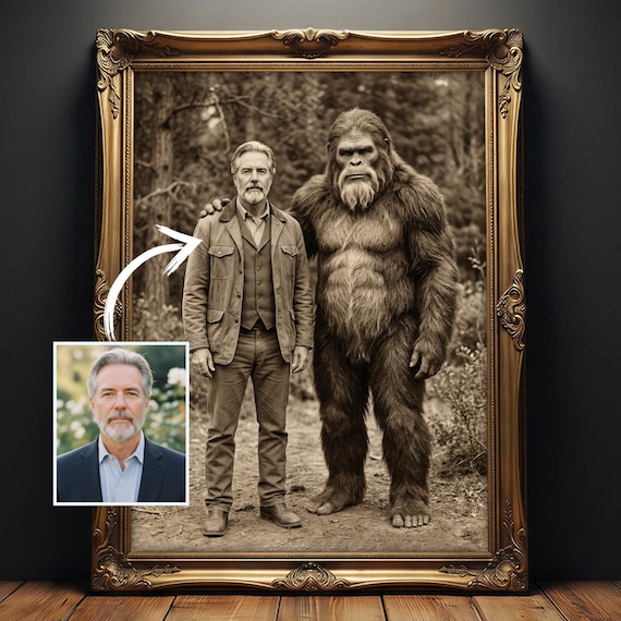 Sasquatch Wall Art, Custom Bigfoot Portrait, Personalized 19th Century Bigfoot Decor, Vintage Photograph Cryptid Poster, Bigfoot Lover Gift