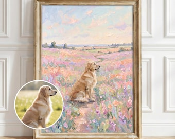 Custom Dog Painting, Personalized Pastel Wildflower Wall Art, Impressionist Floral Landscape, Cottagecore Decor, Digital File