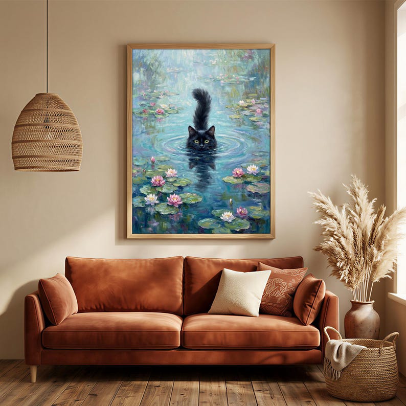 Stampa artistica da parete con gatto nero e ninfea di Monet, poster di gatto di Monet, regalo divertente per gatti, stampa di gatto con ninfea, decorazione floreale per gatti, poster per la decorazione della casa immagine 5
