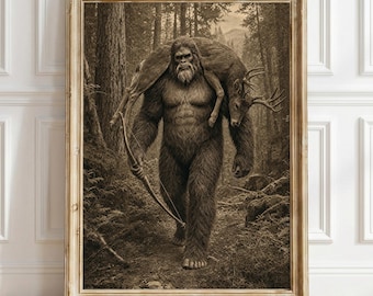 Vintage Bigfoot Deer Hunting Wall Art Poster, Sasquatch Bow Hunter Print, Cryptid Hunting Decor, Cabin Art Print, Outdoorsman Hunting Gift