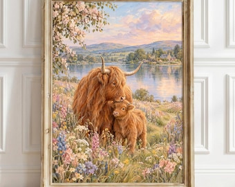 Pastel Highland Cow Wall Art Print, Cottagecore Wildflower Landscape Poster Decor, Cow Calf Gift, Floral Farmhouse Home Wall Art