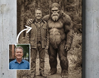 Sasquatch Wall Art, Custom Bigfoot Portrait, Personalized 19th Century Bigfoot Decor, Vintage Photograph Cryptid Canvas, Bigfoot Lover Gift