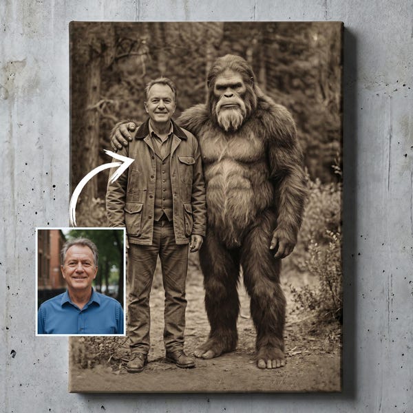Sasquatch Wall Art, Custom Bigfoot Portrait, Personalized 19th Century Bigfoot Decor, Vintage Photograph Cryptid Canvas, Bigfoot Lover Gift
