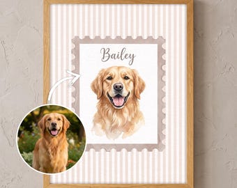 Custom Watercolor Dog Wall Art Print, Pastel Striped Dog Poster, Scalloped Stamp Border, Personalized Dog Canvas Gift, Pet Wall Decor