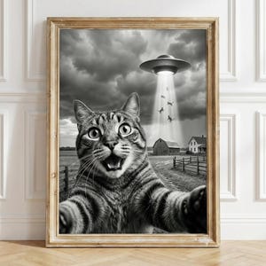 May include: A black and white wall art print featuring a tabby cat in the foreground with an open mouth and wide eyes. In the background, a flying saucer hovers over a rural landscape with a barn, a house, and a fence, beaming light downward.