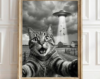 Alien Cat Wall Art | UFO Cat Poster | Funny Alien Abduction Cat Print | Sci Fi Meme Decor | Weird Cat Selfie Poster | Cat Lover Gift
