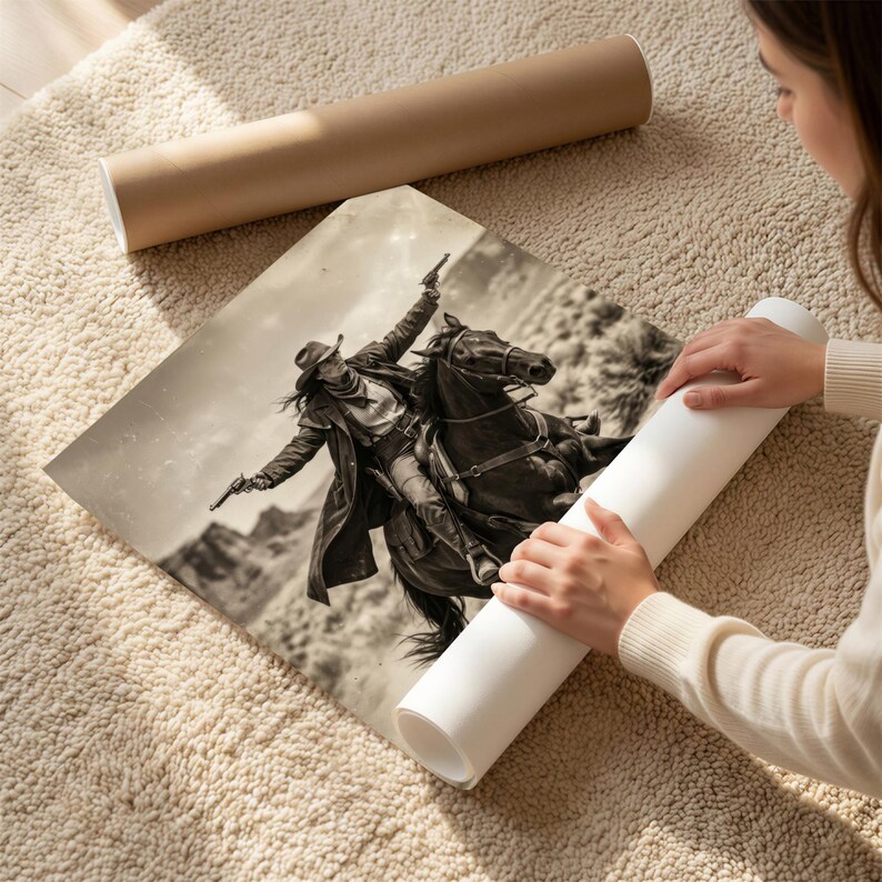 May include: A sepia-toned print of a cowboy on horseback, firing two pistols. The print is being unrolled from a white tube. A second, rolled brown tube is in the background. The image is on a beige rug.
