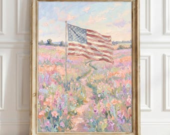 Pastel Wildflower Wall Art, Monet Style Pastel Oil Painting Print, Impressionist Landscape Print, Patriotic USA Flag Decor, 4th of July gift