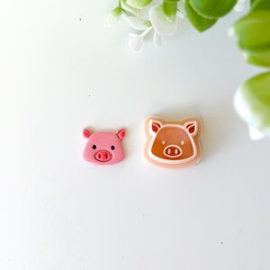 Könnte beinhalten: Zwei Schweineförmige Ausstecher. Einer ist ein einfarbiges rosa Schweinegesicht, der andere ist ein hellbrauner Ausstecher mit einem Schweinegesicht-Design. Die Ausstecher befinden sich auf einer weißen Oberfläche mit grün-weißen floralen Akzenten.