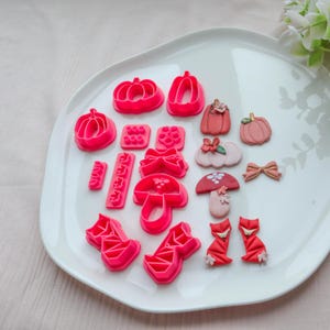 Könnte beinhalten: Eine Sammlung rosa Kunststoff-Ausstecher und dekorativer Fondantstücke in verschiedenen Herbstformen, darunter Kürbisse, Pilze, Schleifen und Blätter, angeordnet auf einem weißen Teller.