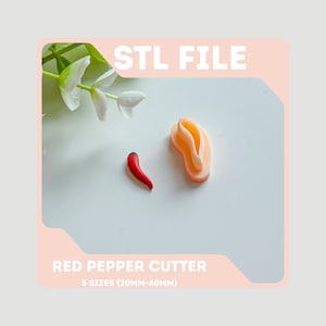 May include: An image of a red pepper cutter and a red pepper model. The text "STL FILE" is at the top, and "RED PEPPER CUTTER" and "5 SIZES (20MM-40MM)" are at the bottom. The pepper model is approximately 0.79 to 1.57 inches in length.
