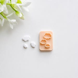 May include: A peach-colored rectangular cutter set featuring three distinct cloud-shaped outlines. Beside the cutter, three small, white, cloud-shaped pieces are arranged, demonstrating the shapes produced by the tool's design.
