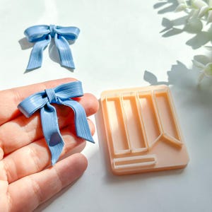 Può includere: Due ornamenti a forma di fiocco azzurro e uno stampo rettangolare rosa. Un fiocco è tenuto in mano. I fiocchi hanno un aspetto strutturato e a coste. Lo stampo ha ritagli rettangolari e a forma di banner, probabilmente per l'artigianato.