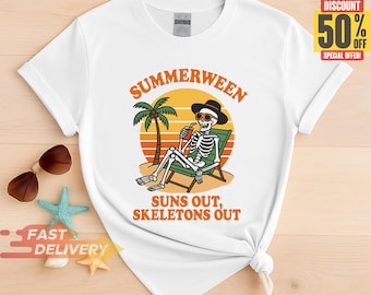 Summerween Skeleton Tee | Halloween in July Shirt | Funny Skeleton Beach Top | Spooky Summer Outfit | Summerween Social Club T-Shirt