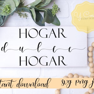 May include: White wooden sign with black text that reads "HOGAR dulce HOGAR". The sign is on a white brick background with greenery and a wooden bead garland.