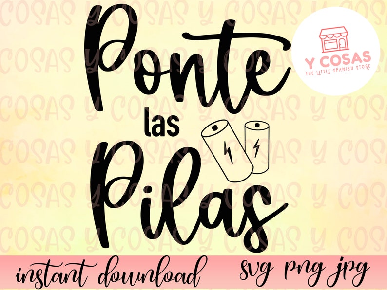 Op de afbeelding: Zwart-wit grafisch ontwerp met de tekst "Ponte las Pilas" in een cursief lettertype. Twee batterijpictogrammen zijn opgenomen in het ontwerp.
