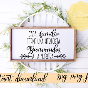 Puede incluir: Un cartel blanco con marco de madera marrón, con el texto "CADA familia TIENE UNA HISTORIA Bienvenidos A LA NUESTRA" en letras negras. El cartel está sobre una superficie de madera blanca con una cesta de mimbre blanca detrás.