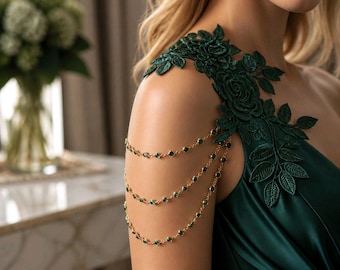 Correa desmontable con bisel de cristal verde para vestido, charreteras para hombros de fiesta, joyería con correas de diamantes de imitación rojos, vestido con mangas desmontables