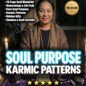 May include: A person wearing a dark shirt and a patterned shawl with a beaded necklace. Text reads: 20 Page Soul Blueprint, Numerology & Life Path, Core Soul Purpose, Karmic Patterns, Hidden Gifts, Shadow & Soul Lessons, PREMIUM, SOUL PURPOSE, KARMIC PATTERNS, 5.0 RATING.