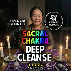 May include: An image featuring a woman with the text "UPGRADE YOUR LIFE" and "SACRAL CHAKRA DEEP CLEANSE". The image includes lit candles, crystals, and the text "YOUR SECRET GIFT READING INCLUDED". The image has a 5.0 rating.