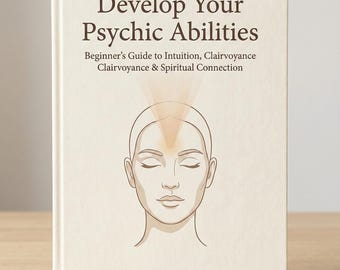 Puede incluir: Un libro de tapa dura de color crema titulado Develop Your Psychic Abilities: Beginner's Guide to Intuition, Clairvoyance & Spiritual Connection por Ayla Savitri. La portada presenta una ilustración lineal de un rostro con un haz de luz brillante.