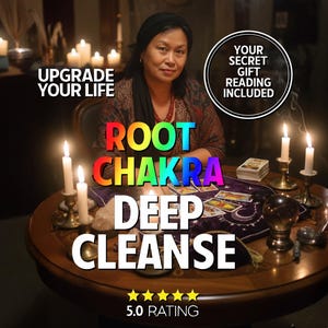 May include: An image of a woman sitting at a round table with candles and tarot cards. The text on the image reads "UPGRADE YOUR LIFE", "ROOT CHAKRA DEEP CLEANSE", and "YOUR SECRET GIFT READING INCLUDED". The image has a 5.0 rating.