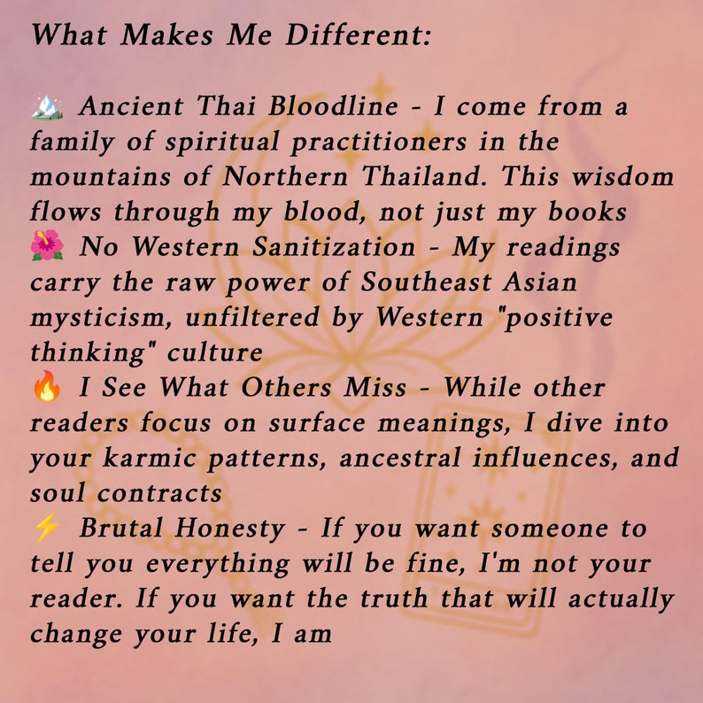May include: A pink and gold graphic with the text "What Makes Me Different:" followed by four bullet points describing spiritual practices, Southeast Asian mysticism, and brutal honesty.