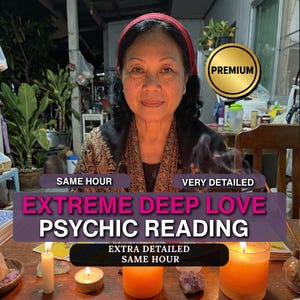 May include: An older woman with a red headband is the focus of this image. Text on the image reads "EXTREME DEEP LOVE PSYCHIC READING". Candles and crystals are on the table. A gold "PREMIUM" seal is in the top right corner.