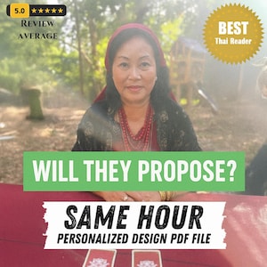 Puede incluir: Imagen de una mujer con un pañuelo rojo y un collar, con el texto "WILL THEY PROPOSE?" y "SAME HOUR PERSONALIZED DESIGN PDF FILE". La imagen también incluye el texto "BEST Thai Reader" y una calificación promedio de 5.0 estrellas.