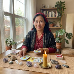 May include: A woman seated at a table with tarot cards, crystals, and a lit candle. She is wearing a red headscarf, a black shawl, and a red shirt. The table is covered with a tan cloth, and a window and bookshelf are in the background.