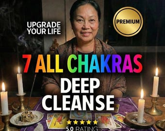 Könnte beinhalten: Ein Bild mit einer lächelnden Frau und den Texten „UPGRADE YOUR LIFE“ und „7 ALL CHAKRAS DEEP CLEANSE“. Das Bild zeigt brennende Kerzen, Tarotkarten und einen goldenen Kreis mit „PREMIUM“. Die Bewertung ist 5,0 Sterne.