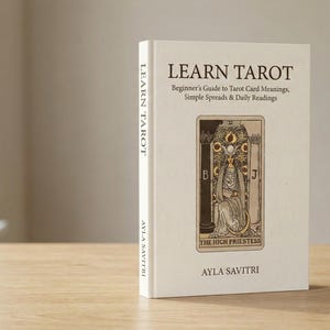 Puede incluir: Un libro de tapa dura titulado Learn Tarot: Beginner's Guide to Tarot Card Meanings, Simple Spreads & Daily Readings de Ayla Savitri. La cubierta de color blanco roto presenta una ilustraci&oacute;n de la carta del tarot La Sacerdotisa en el centro.