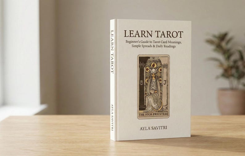 Puede incluir: Un libro de tapa dura titulado Learn Tarot: Beginner's Guide to Tarot Card Meanings, Simple Spreads & Daily Readings de Ayla Savitri. La cubierta de color blanco roto presenta una ilustraci&oacute;n de la carta del tarot La Sacerdotisa en el centro.