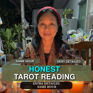 May include: An image of a woman with a red headscarf and a patterned shawl. The text "HONEST TAROT READING" is displayed in a green banner. Additional text includes "SAME HOUR", "VERY DETAILED", and "EXTRA DETAILED SAME HOUR".