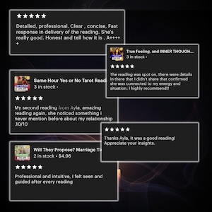May include: Image showing customer testimonials for a tarot reading service. The reviews are presented in white text boxes on a dark background. The reviews highlight the reader's professionalism, accuracy, and insights. Star ratings are included.