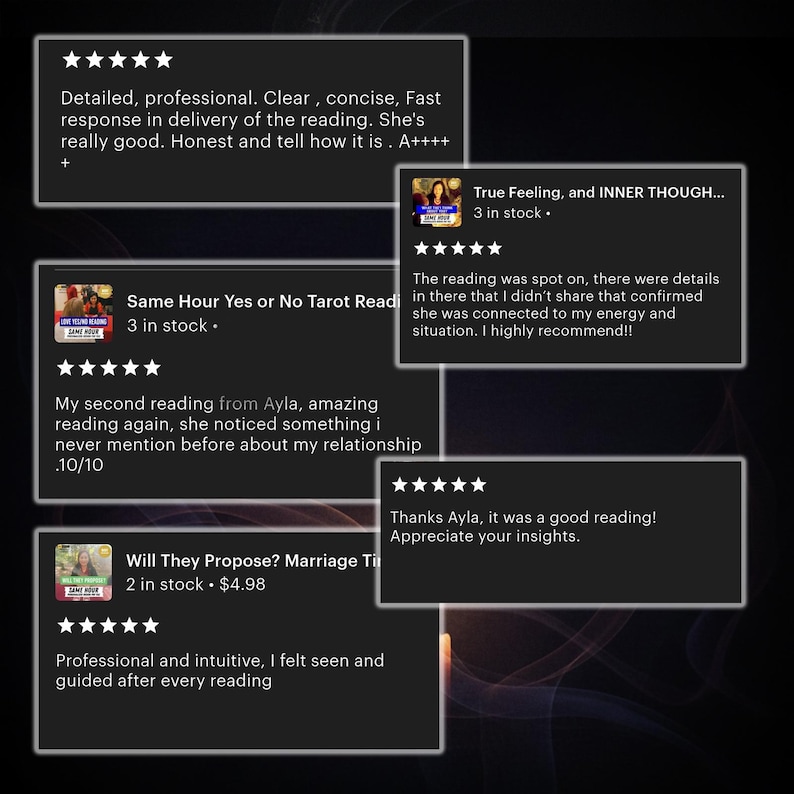 May include: Image showing customer testimonials for a tarot reading service. The reviews are presented in white text boxes on a dark background. The reviews highlight the reader's professionalism, accuracy, and insights. Star ratings are included.