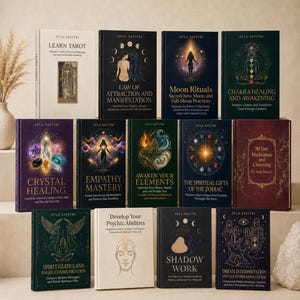 Puede incluir: Una colección de libros de tapa dura con títulos como "Learn Tarot", "Moon Rituals" y "Crystal Healing". Los libros tienen varios colores, incluyendo blanco, negro y morado, con ilustraciones de cuerpos celestes y símbolos espirituales. El nombre del autor, Ayla Savitri, está impreso en cada libro.