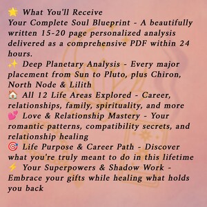 May include: A pink background displays text detailing a soul blueprint analysis. Key features include "Deep Planetary Analysis," "All 12 Life Areas Explored," and "Love & Relationship Mastery."