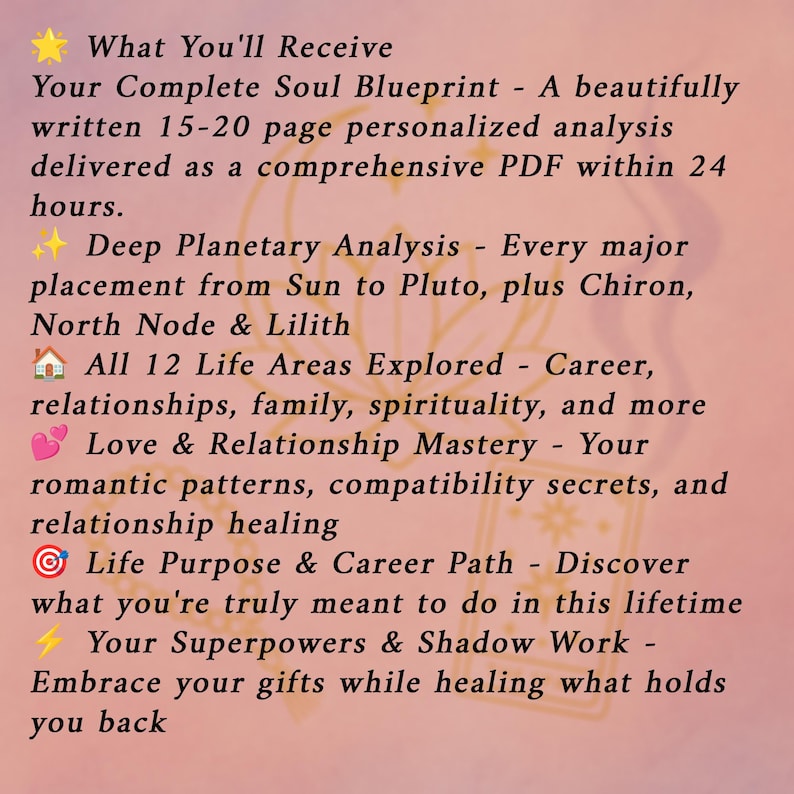 May include: A pink background displays text detailing a soul blueprint analysis. Key features include "Deep Planetary Analysis," "All 12 Life Areas Explored," and "Love & Relationship Mastery."
