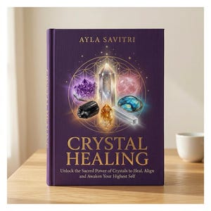 May include: A hardcover book titled "Crystal Healing" by Ayla Savitri. The cover is purple with gold lettering and features illustrations of various crystals within a golden geometric design. The book's subtitle reads: "Unlock the Sacred Power of Crystals to Heal, Align and Awaken Your Highest Self."