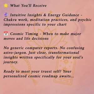 May include: A pink and gold graphic with text detailing what is received, including intuitive insights, energy guidance, and cosmic timing. The image features a floral design and promises a personalized cosmic roadmap.